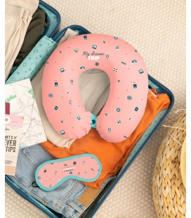 COJIN DE VIAJE CON ANTIFAZ PARA SOÑAR POR TIERRA MAR Y AIRE ROSA