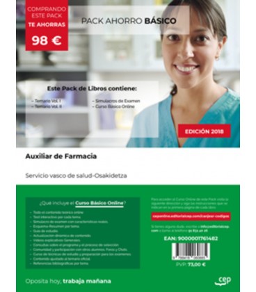 AUXILIAR DE FARMACIA OSAKIDETZA PACK AHORRO BASICO (4 TOMOS + CURSO)