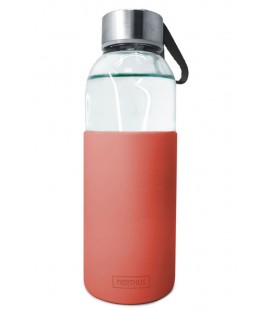 BOTELLA CRISTAL 400 ML ANTIDESLIZANTE SILICONA COLOR CORAL