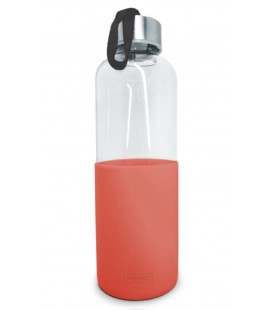 BOTELLA CRISTAL 600 ML ANTIDESLIZANTE SILICONA COLOR CORAL