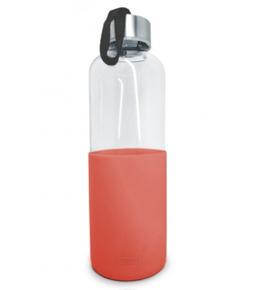 BOTELLA CRISTAL 600 ML ANTIDESLIZANTE SILICONA COLOR CORAL