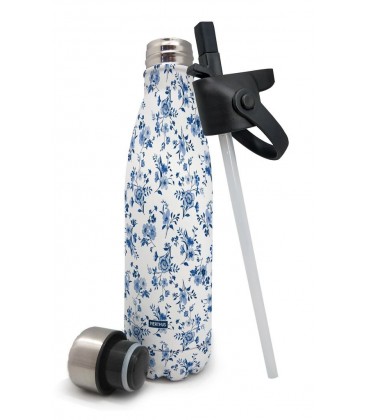 BOTELLA TERMO INOX 500 ML FLORES CON PAJITA