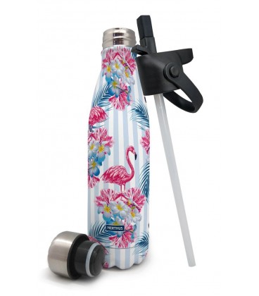 BOTELLA TERMO INOX 500 ML FLAMENCOS CON PAJITA