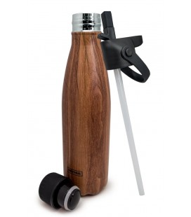 BOTELLA TERMO INOX 500 ML MADERA CON PAJITA
