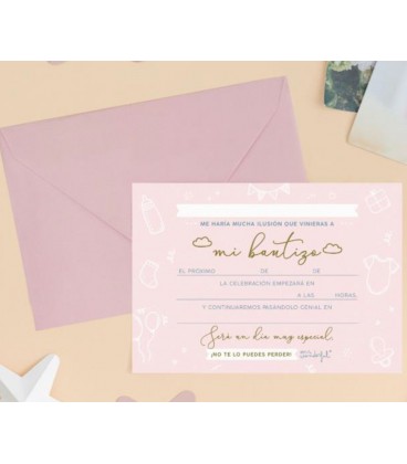 INVITACIONES PERSONALIZABLES PARA BAUTIZO ROSA (SET 20 UDS)